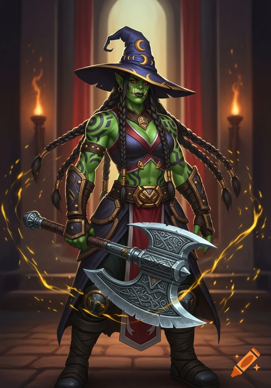 A formidable green-skinned female orc with braided hair, wearing a wizard hat and fantasy armor, holding a double-bladed battleaxe.