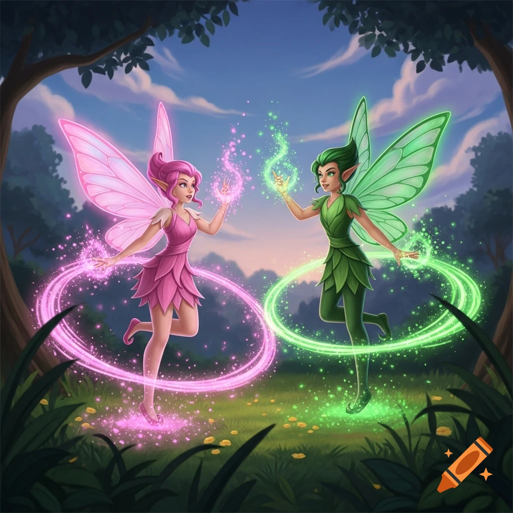 Two cartoon fairies, one pink and one green, cast magic in a forest clearing, surrounded by glowing energy.