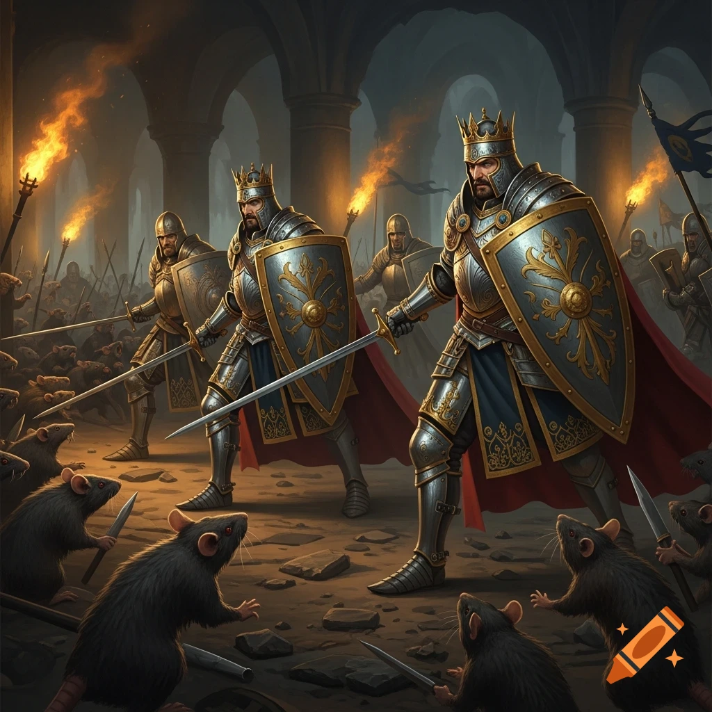 Armored knights with swords and shields battle a horde of sword-wielding rats in a torchlit castle hallway.