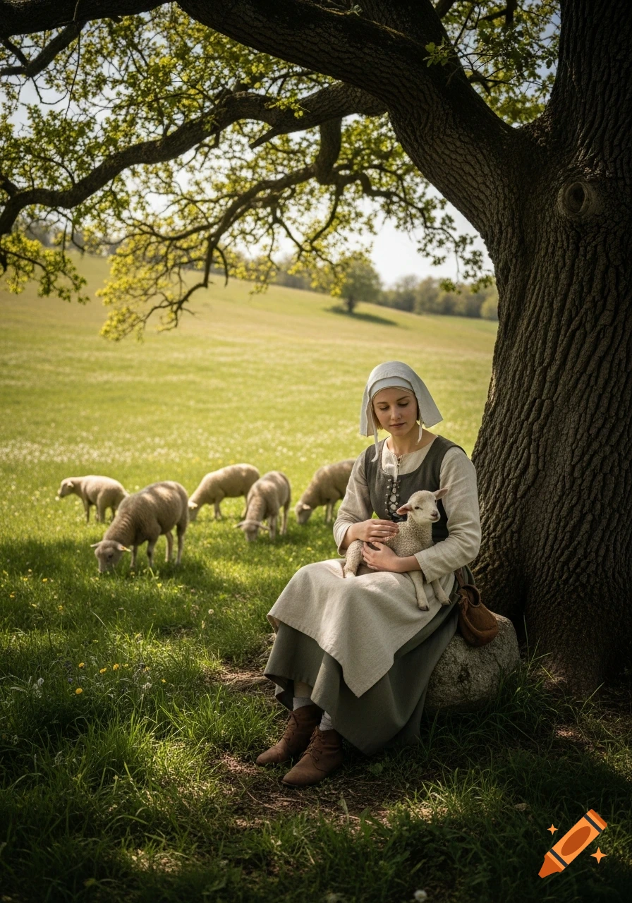 A young woman in historical clothes sits under a large tree, holding a lamb, while sheep graze in a sunny green field. Photorealistic.