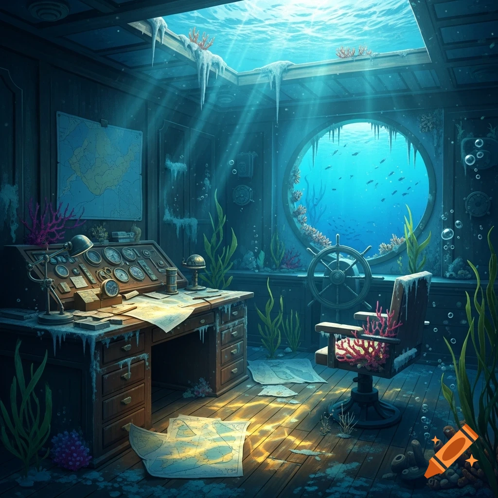An ethereal underwater captain's cabin in a sunken ship, featuring a detailed desk, navigation instruments, and a porthole view of marine life.