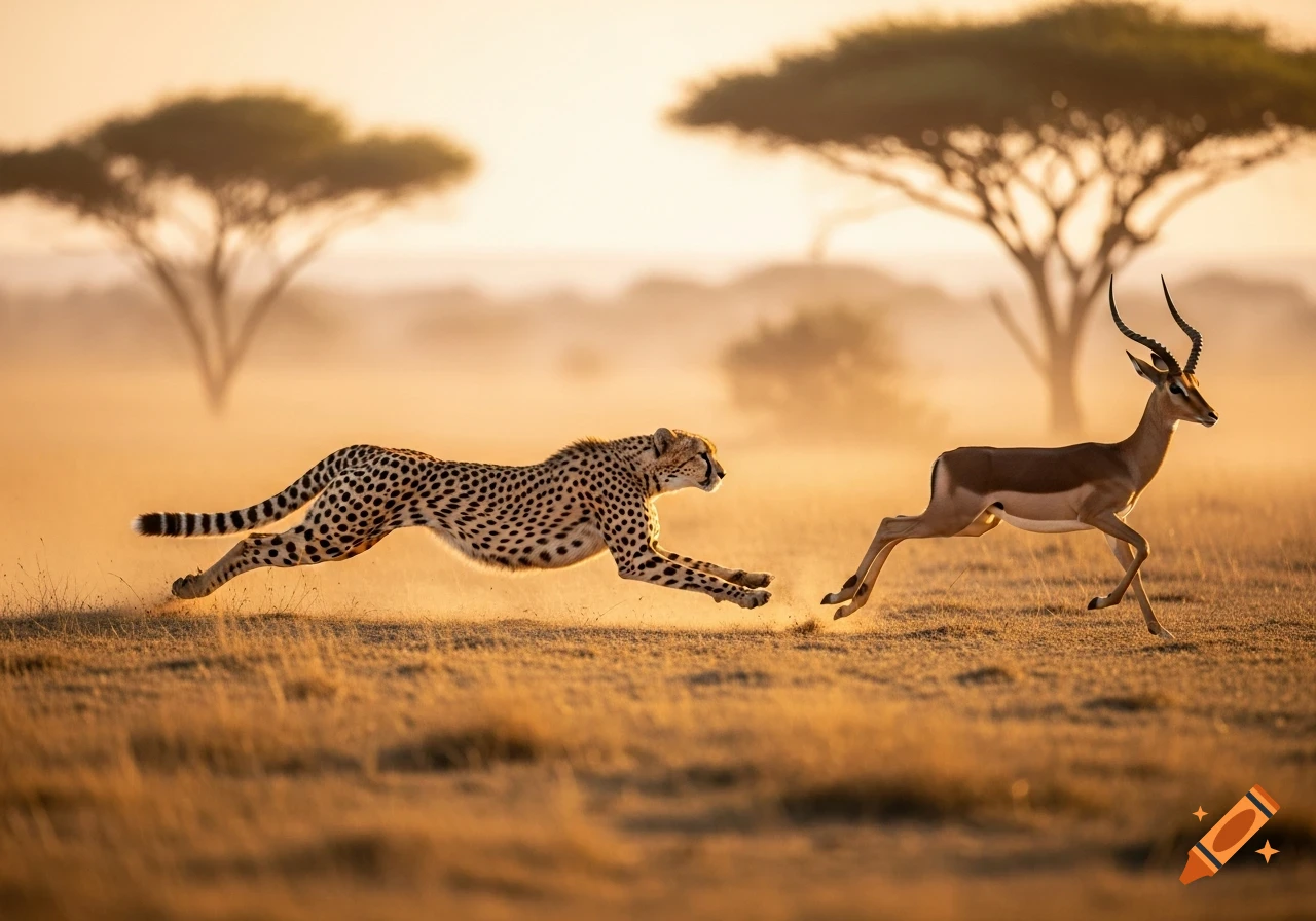 A cheetah in mid-stride chases an impala across a golden, dusty savanna under a soft, morning light with acacia trees.