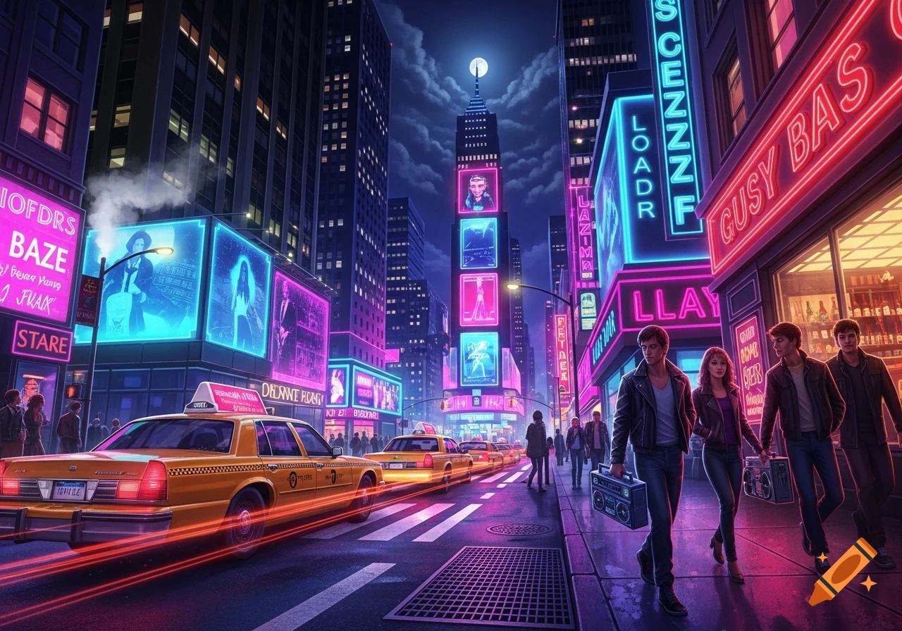 Vibrant 1980s New York City street at night, illuminated by bright neon signs and billboards. Yellow taxis drive on the wet street while people walk on the sidewalk, a full moon shines above skyscrapers.