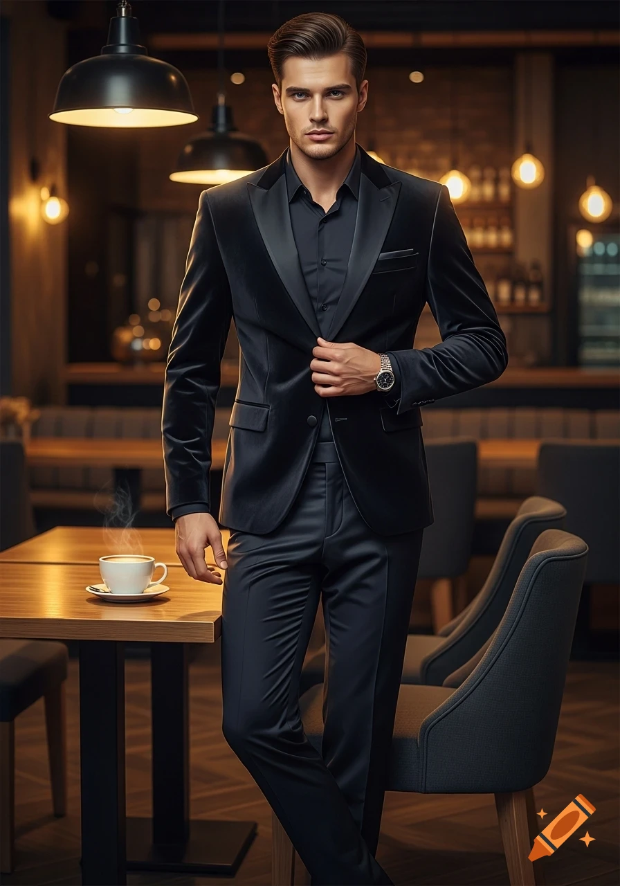 A stylish man in a dark velvet suit stands in a warm-lit cafe next to a steaming cup of coffee.