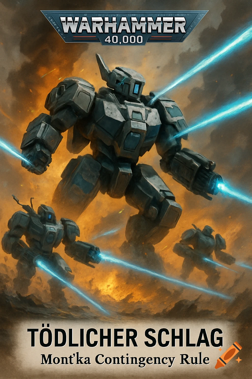 A large grey sci-fi mech fires blue energy beams, flanked by two smaller mechs, against an explosive orange background with Warhammer 40,000 text.