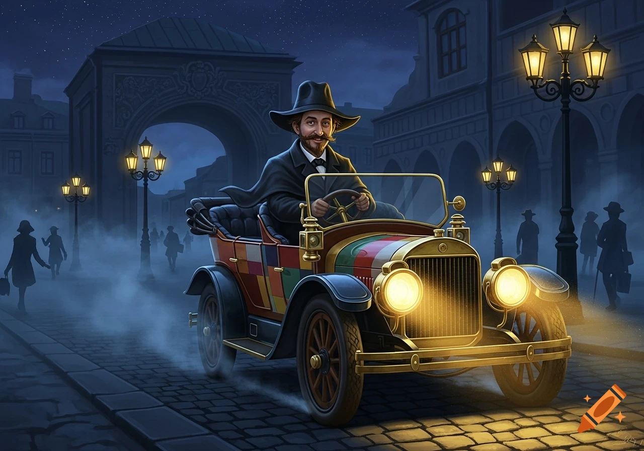 A man in a hat and cape drives a colorful vintage car down a foggy, lamp-lit city street at night.