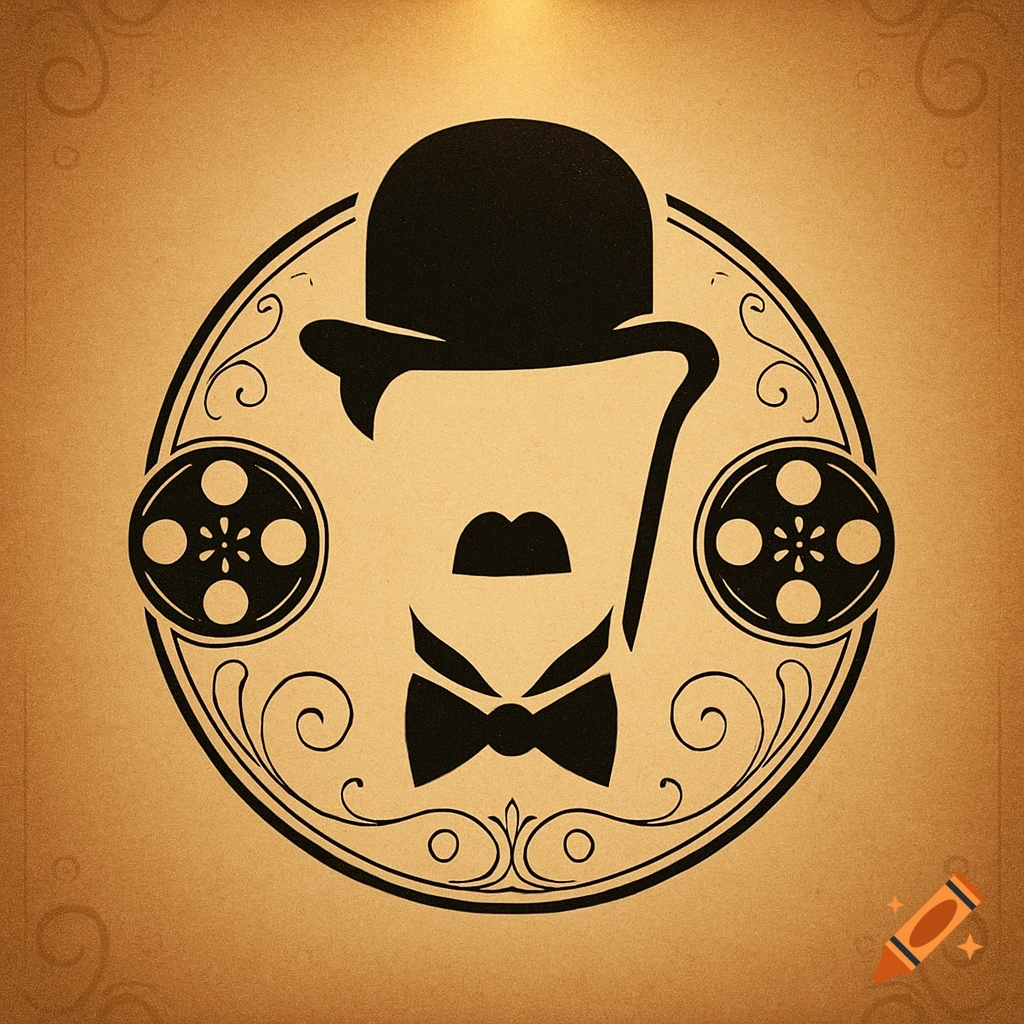 A vintage-style logo featuring a minimalist black silhouette of Charlie Chaplin within an ornate circular frame.