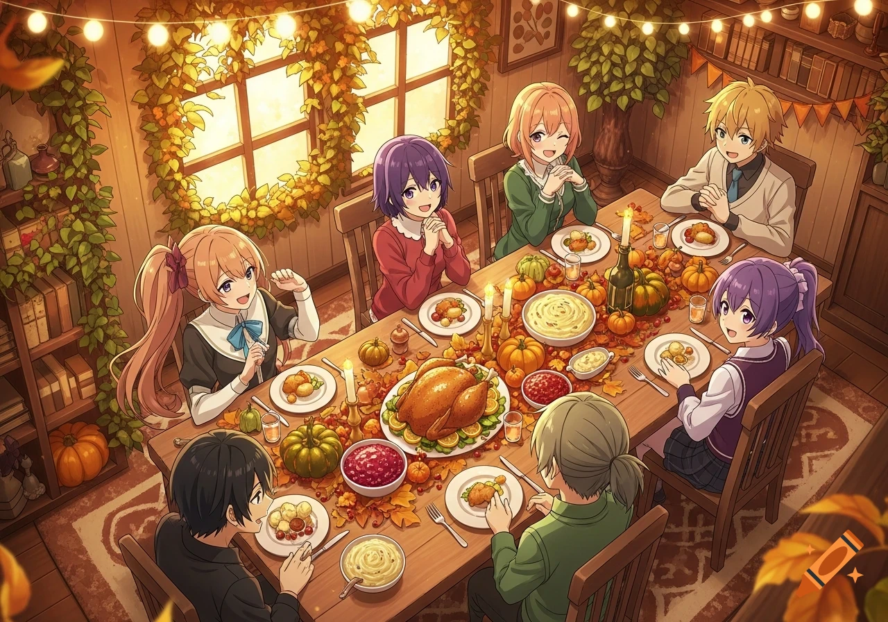 Anime characters gather around a festive Thanksgiving dinner table laden with a turkey, pumpkins, and various dishes under warm string lights.