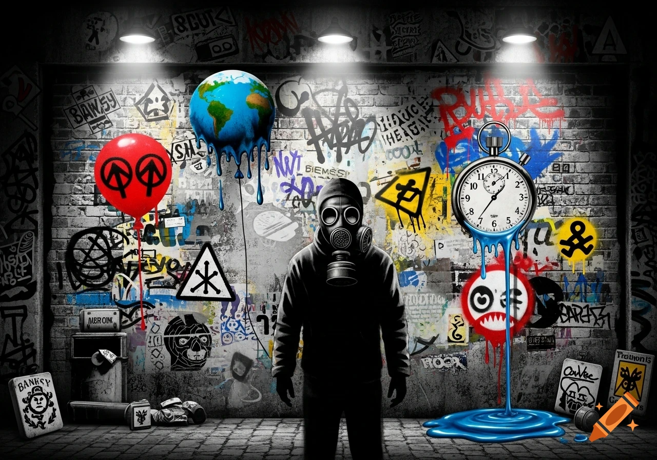 A dark figure in a gas mask stands against a graffiti-covered brick wall, with a melting globe balloon and a melting clock.