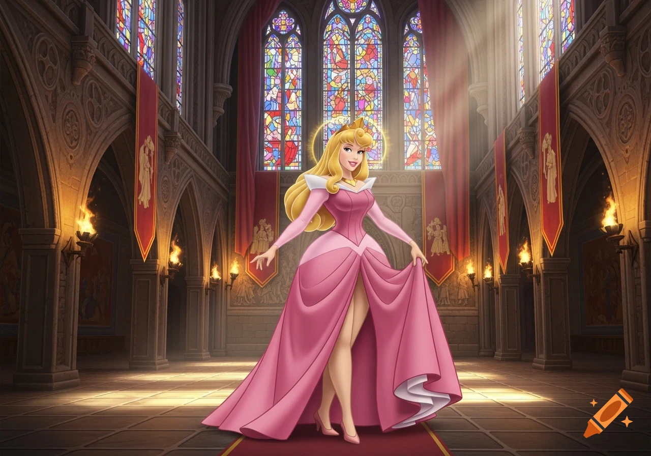 Princess Aurora in a pink gown stands in a grand medieval hall with stained glass windows.