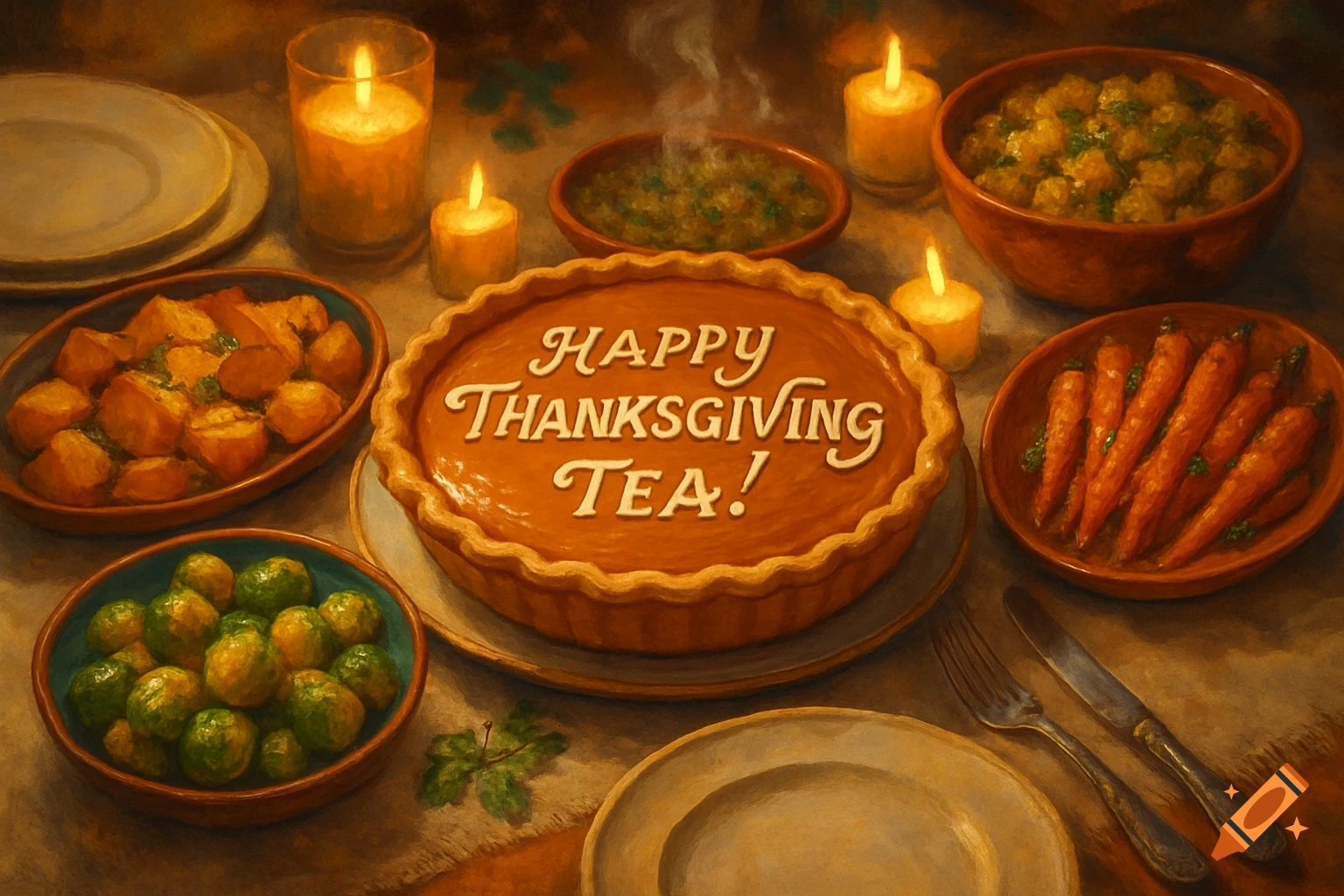 Painterly Thanksgiving dinner table with a pie reading 'HAPPY THANKSGIVING TEA!', roasted vegetables, and lit candles.