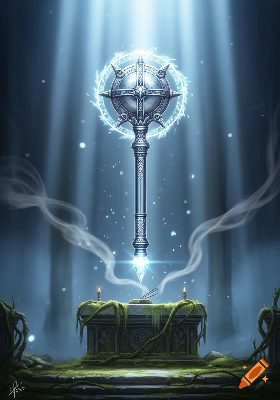 A glowing, ornate staff with a spiked, circular head hovers above a mossy altar in a mystical, foggy forest with light beams.