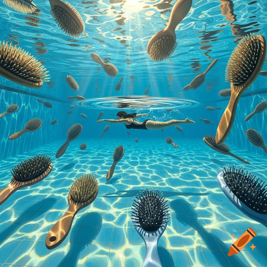 A person in a black swimsuit swims underwater in a bright blue pool, surrounded by many floating wooden hairbrushes.