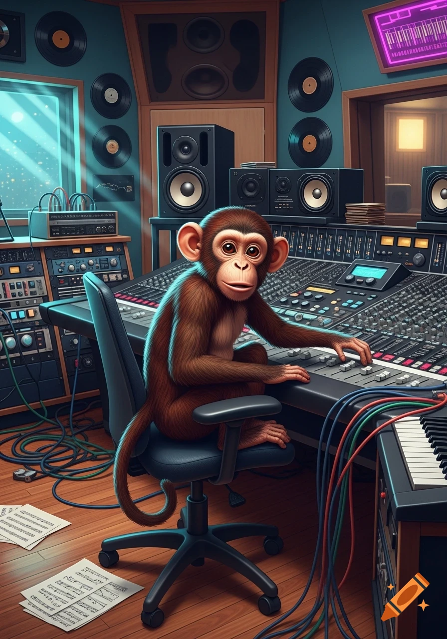 A cartoon monkey sits at a large audio mixing console in a detailed recording studio, appearing to operate the equipment.