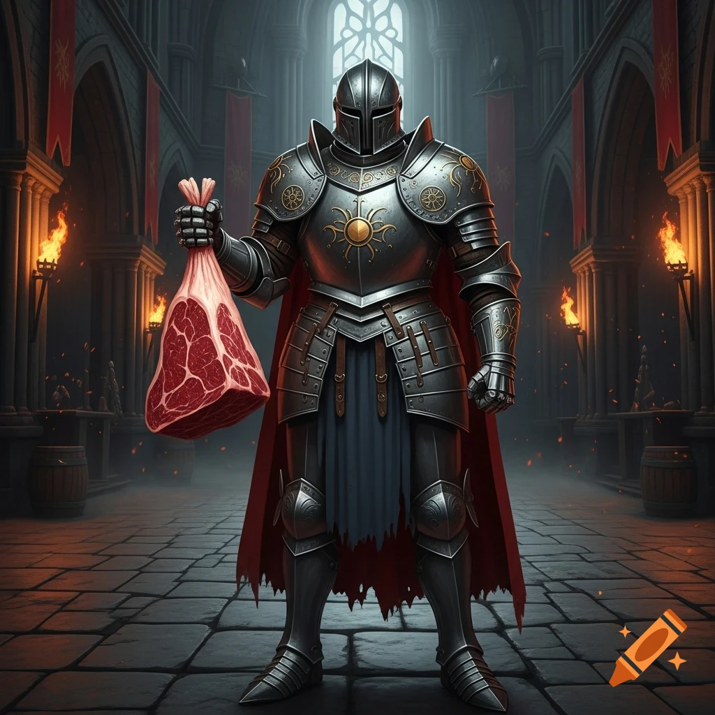A knight in shiny full armor with a red cape stands in a torch-lit medieval hall, holding up a large slab of raw beef.