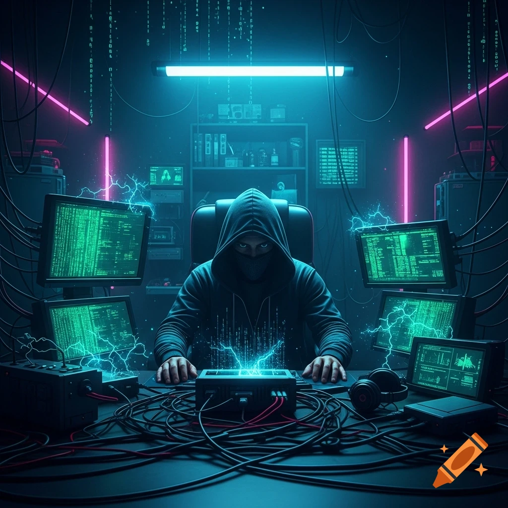 A hooded hacker sits at a desk surrounded by multiple glowing screens displaying code and tangled wires in a dark, neon-lit room.
