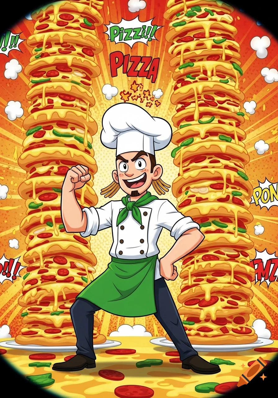 A cartoon chef in a white hat and green apron flexes, standing proudly between two tall stacks of pizzas in a vibrant comic style with text.