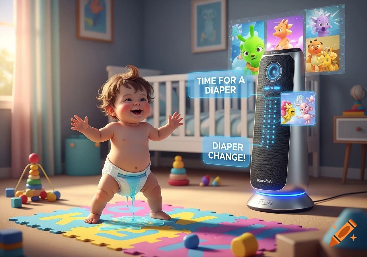 A happy baby with a wet diaper stands on a colorful playmat next to a smart speaker displaying cartoon characters and diaper change alerts.
