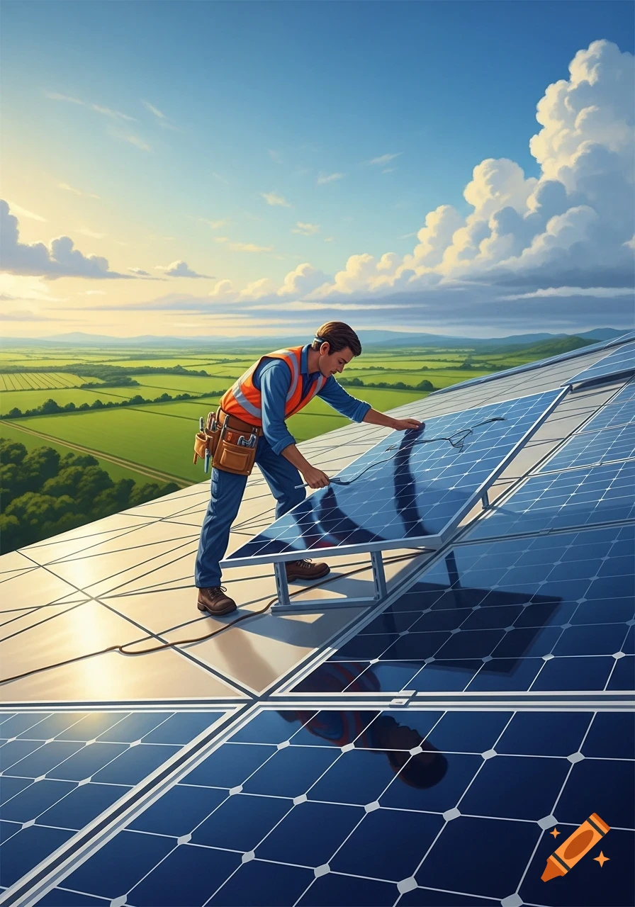A male engineer in a safety vest installs solar panels on a rooftop under a sunny sky, overlooking a green landscape.