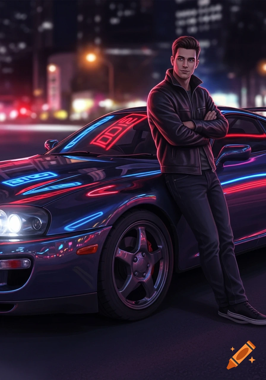 A man in a black leather jacket leans against a dark car with vibrant neon reflections in a city at night.