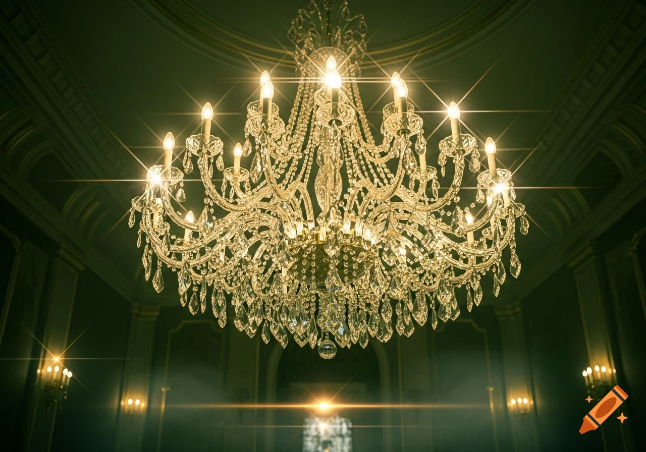 A grand crystal chandelier brightly illuminates an ornate, dimly lit ...