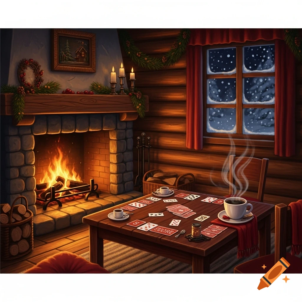 A cozy log cabin room with a lit fireplace, candles, and a table with coffee cups and playing cards. Snow falls outside a window.