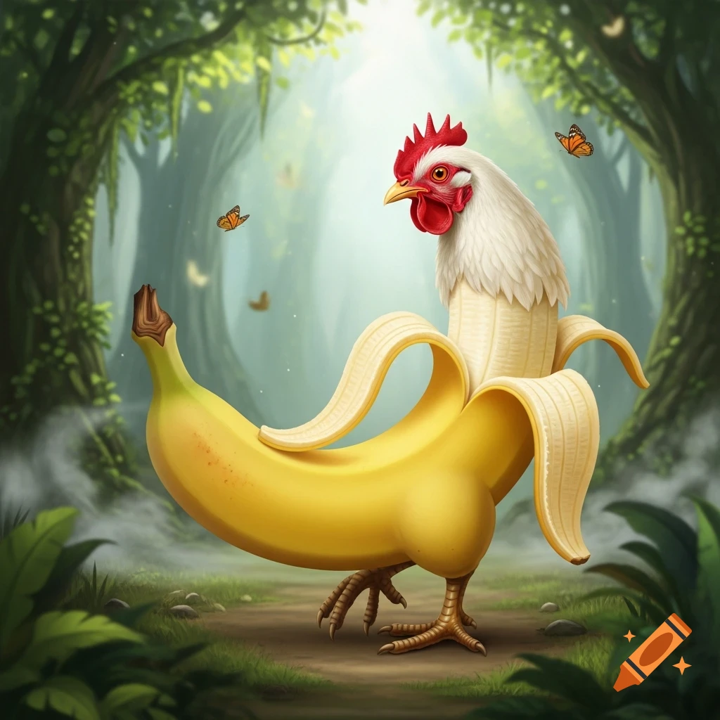 A whimsical chicken with a banana for a body, standing in a lush jungle with butterflies flying around.
