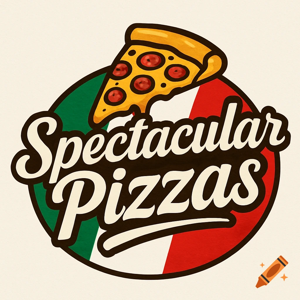 Logo for Spectacular Pizzas with a pepperoni pizza slice and bold text over an Italian flag-colored circle.