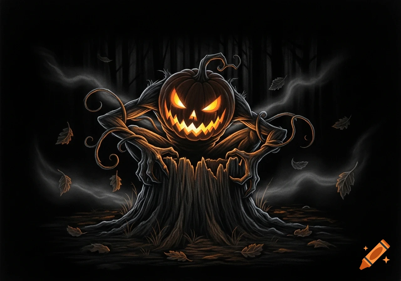 A vibrant chalk drawing of a glowing jack-o-lantern monster with vine-like arms hunched over a tree stump in a dark forest with falling leaves.