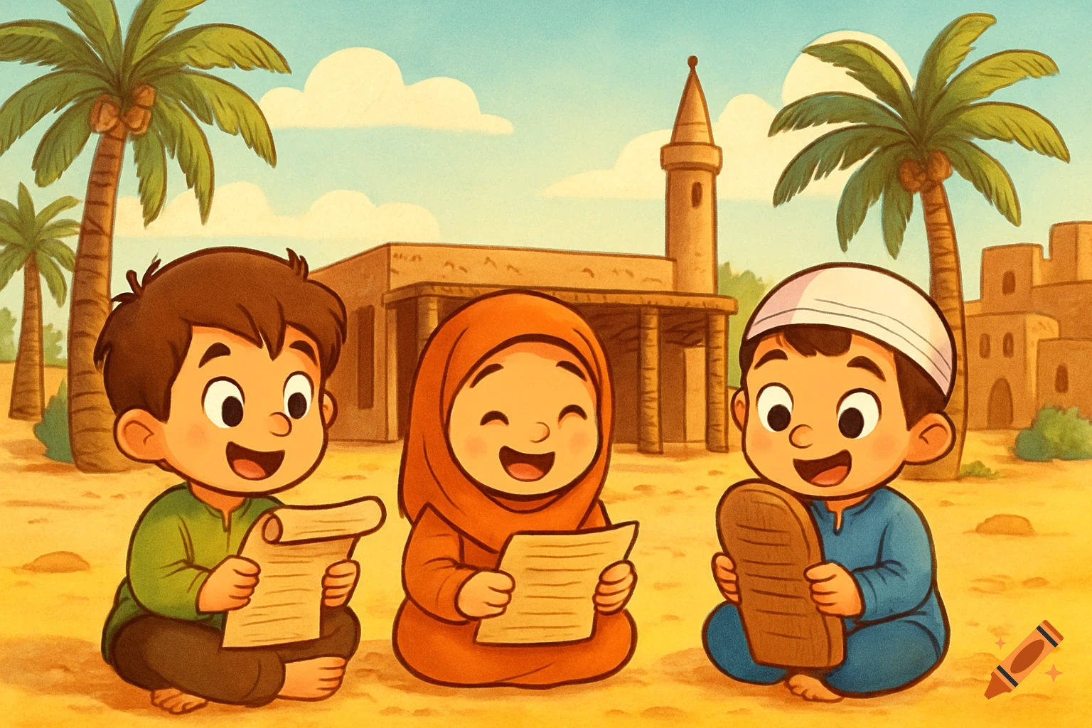 Three cheerful cartoon children studying on the desert floor in early Islamic-era Madinah, with a mosque and palm trees in the background.