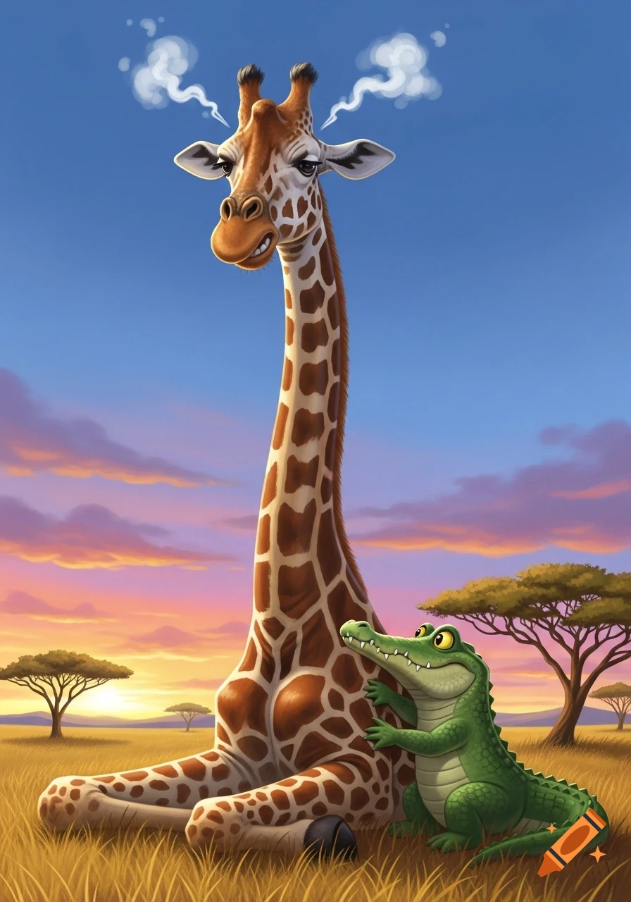 Cartoon giraffe with steam coming from its head sitting in a savanna, as a small crocodile hugs its side under a colorful sky.