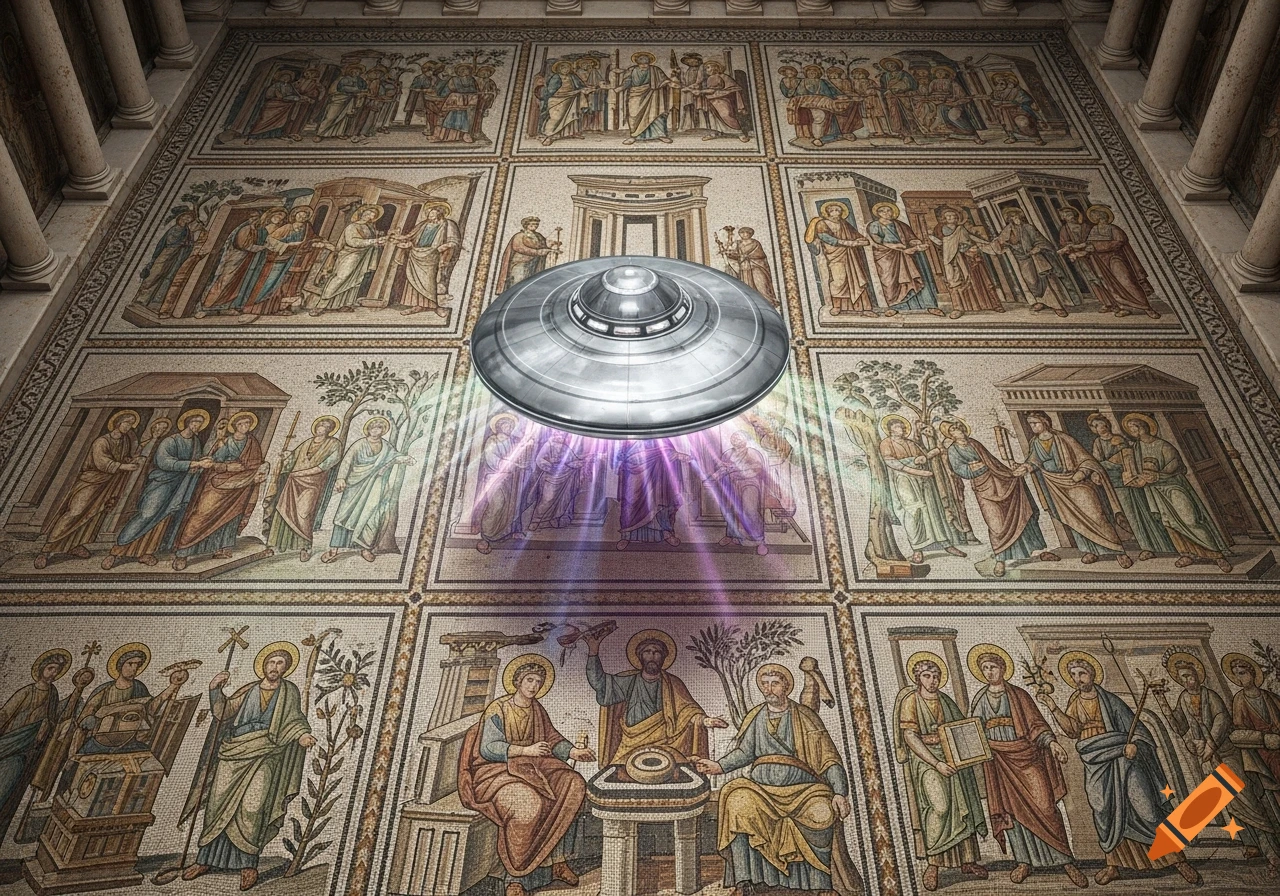 A silver UFO hovers over a floor covered in ancient Roman mosaics depicting figures, emitting purple light beams.