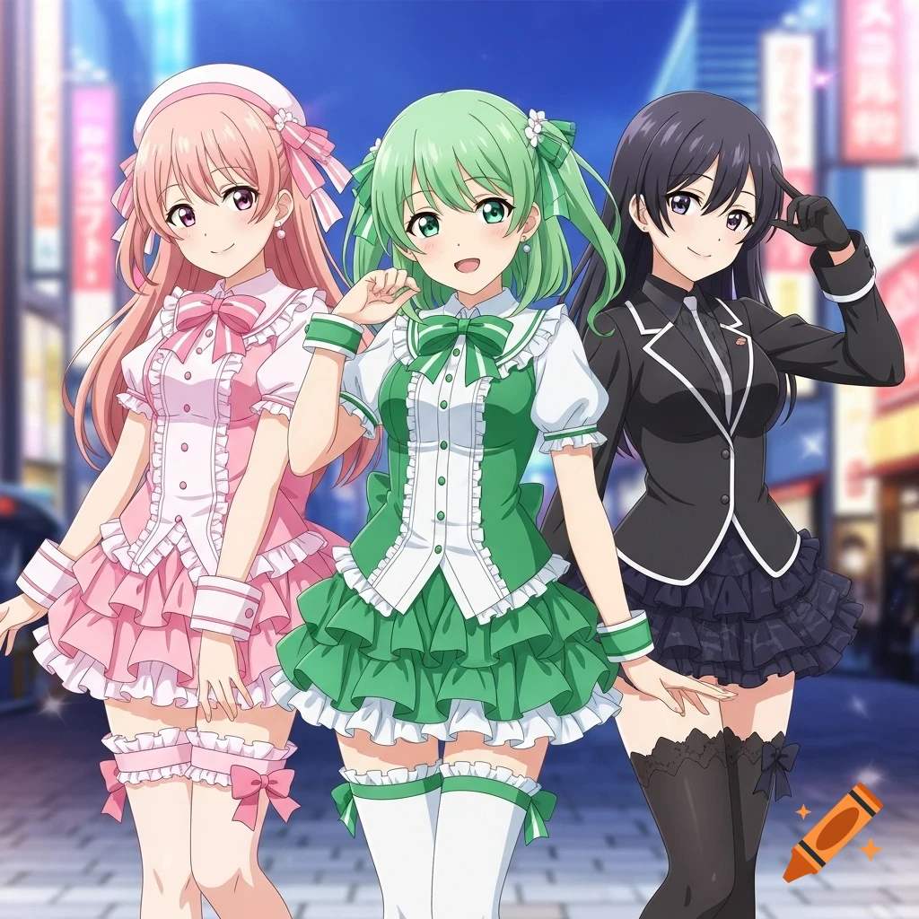 Three anime girls in pink, green, and black frilly dresses stand in a city street.