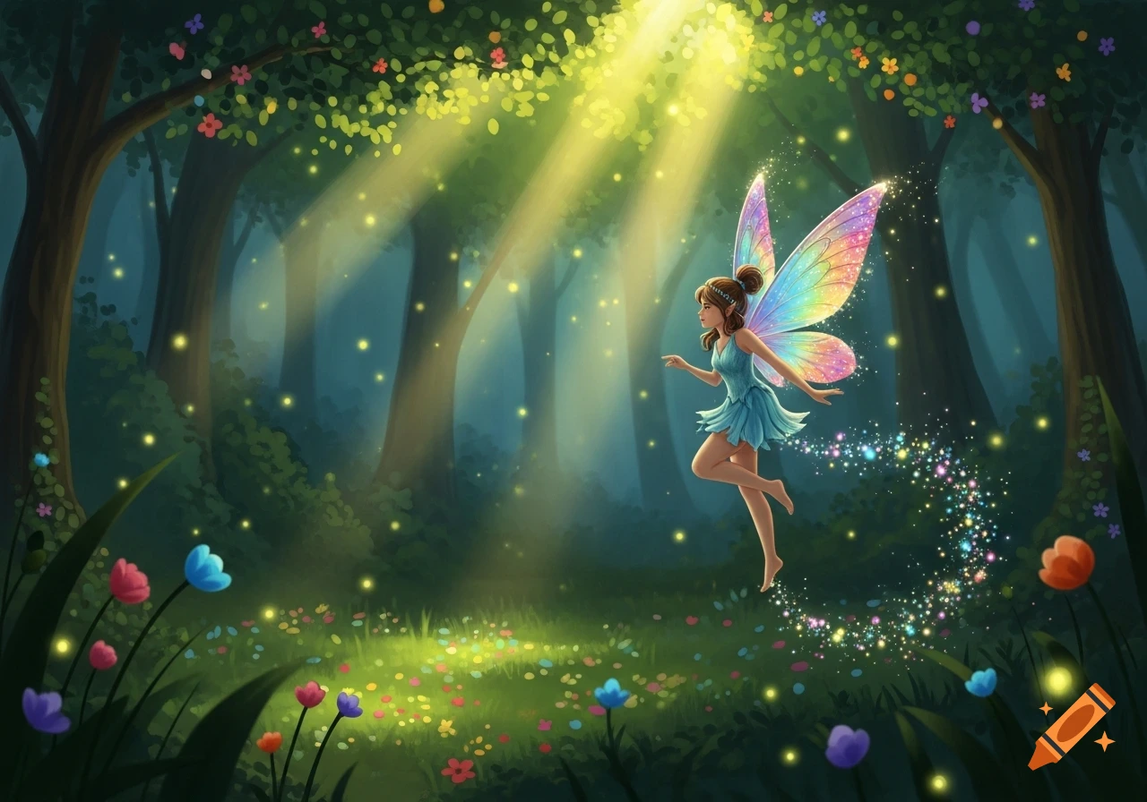 A small fairy with rainbow wings flies through a sunlit, magical forest, leaving sparkling dust. Colorful flowers on the ground.