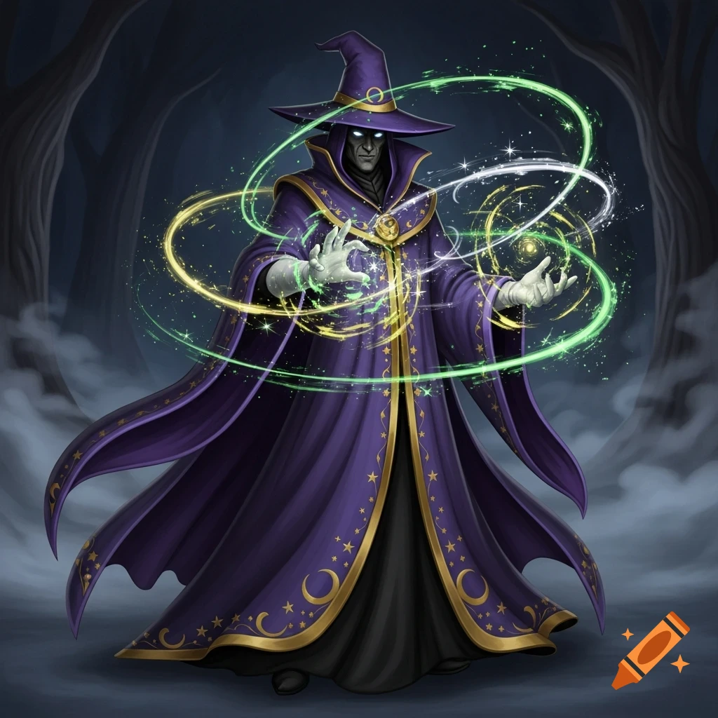 A sinister purple wizard in star-and-moon adorned robes, white gloves, and glowing eyes casts a sparkling green, yellow, and white spell in a dark setting.
