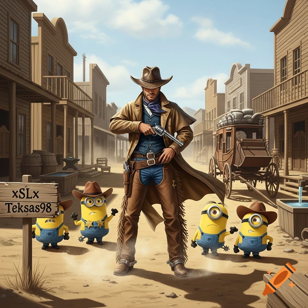 An illustration of a cowboy with a revolver in an Old West town, surrounded by several yellow minions in cowboy hats.
