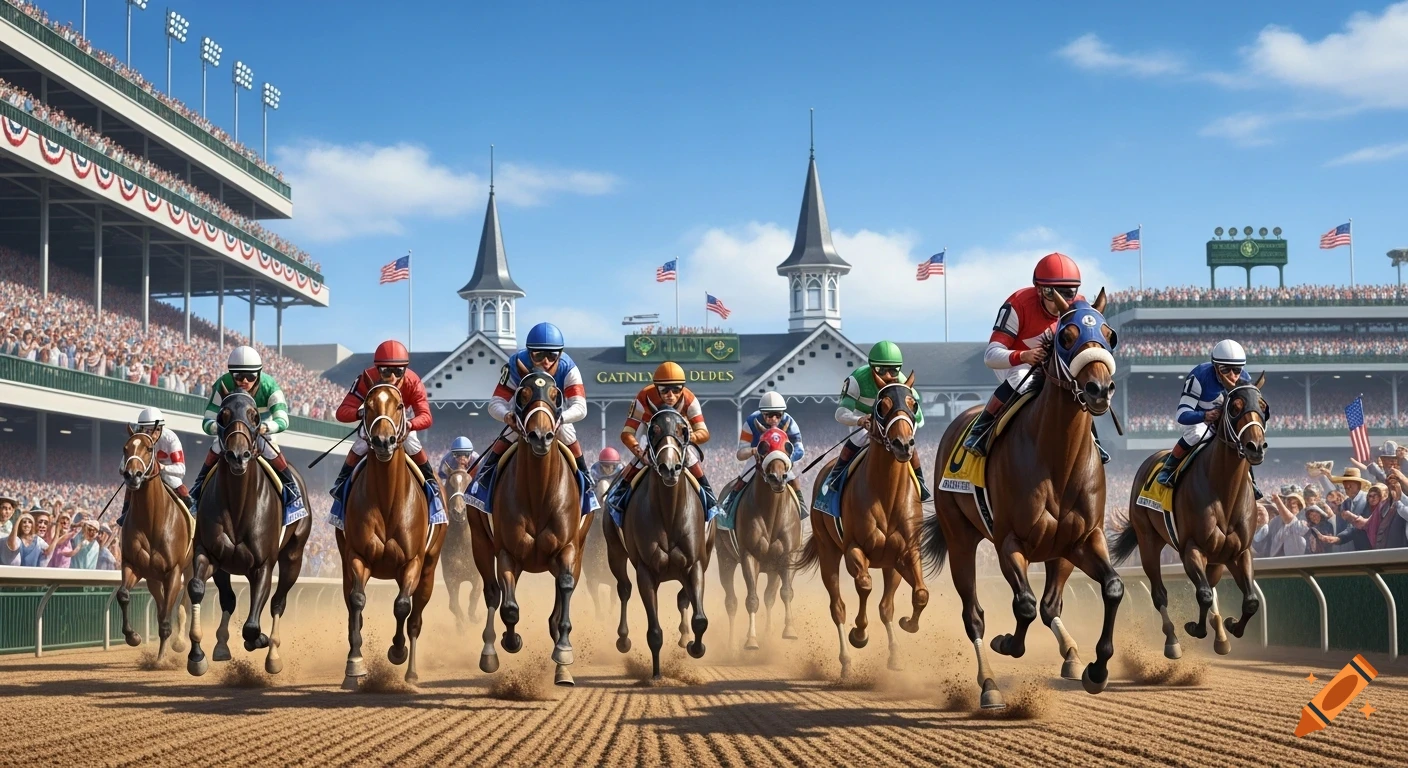 Photorealistic image of multiple horses and jockeys racing on a dirt track, with grandstands, twin spires, and a cheering crowd under a bright blue sky.
