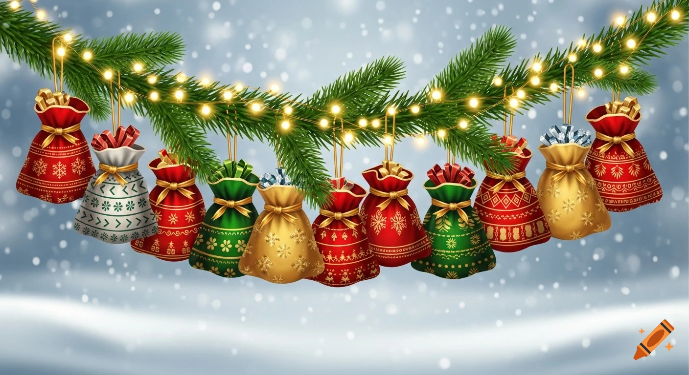 Eleven festive red, white, green, and gold gift bags with patterns hanging from a pine branch decorated with lights against a snowy background.