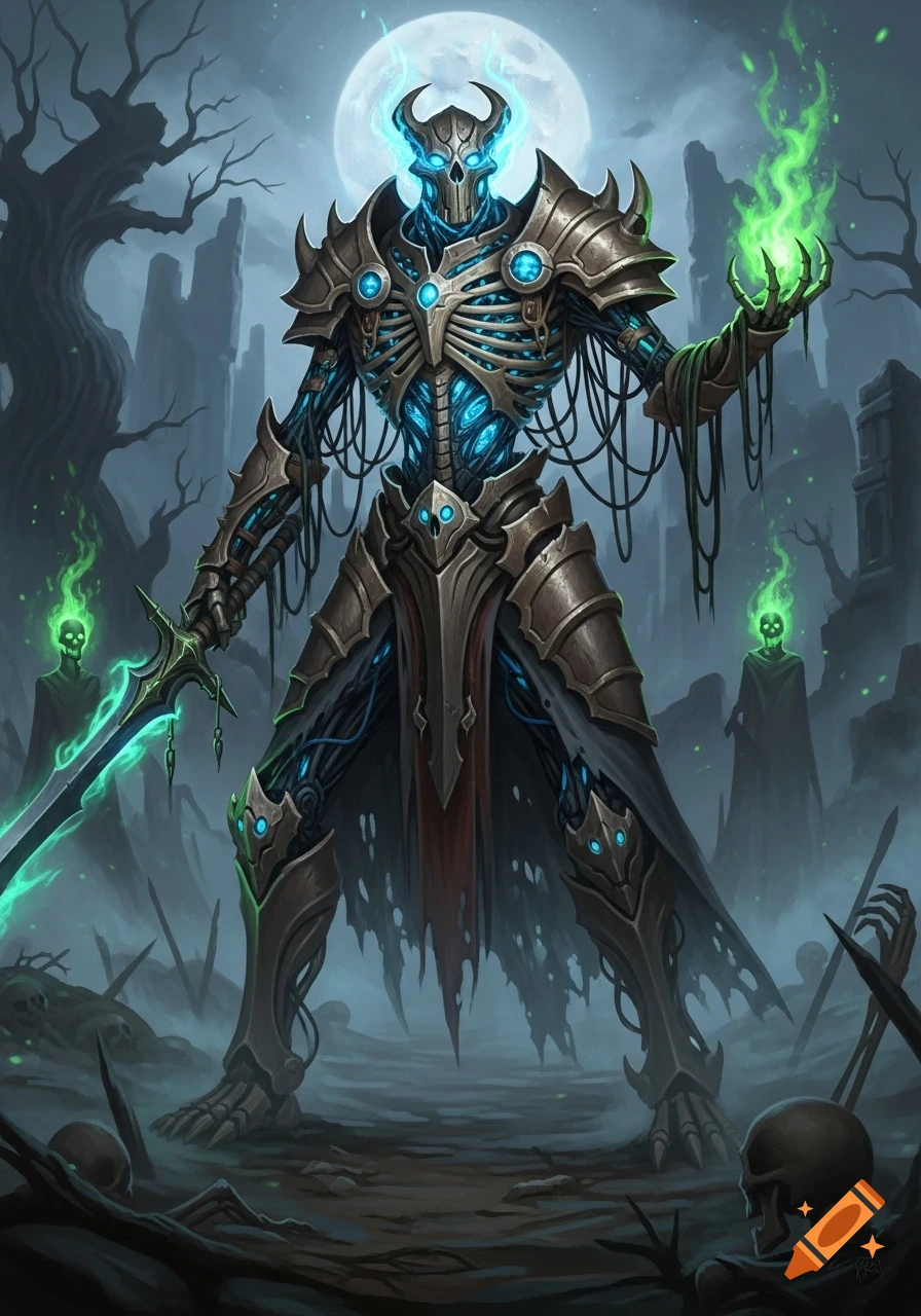 A skeletal necromancer in ornate armor with glowing blue lights and a sword stands in a dark, foggy graveyard under a full moon, wielding green magic.