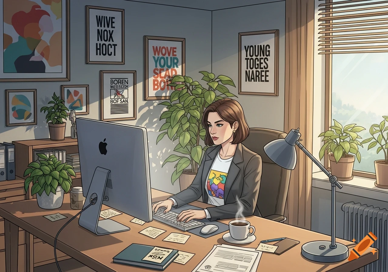 Comic art of a woman working at a computer in a sunlit office, surrounded by plants and framed posters with illegible text.