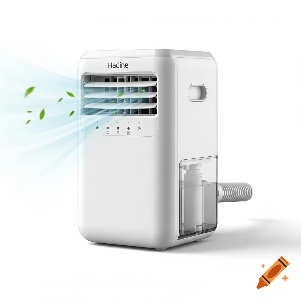 A white mini portable air conditioner with front vents, a transparent water tank, and a drain tube on a white background, photorealistic.