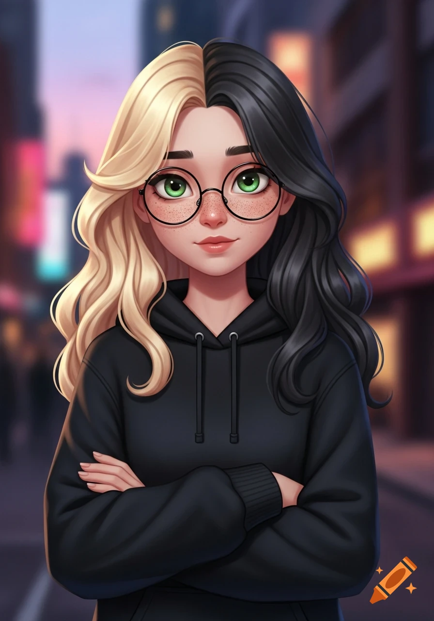 Animated girl with split blonde and black hair, round glasses, freckles, green eyes, and a black hoodie, arms crossed.