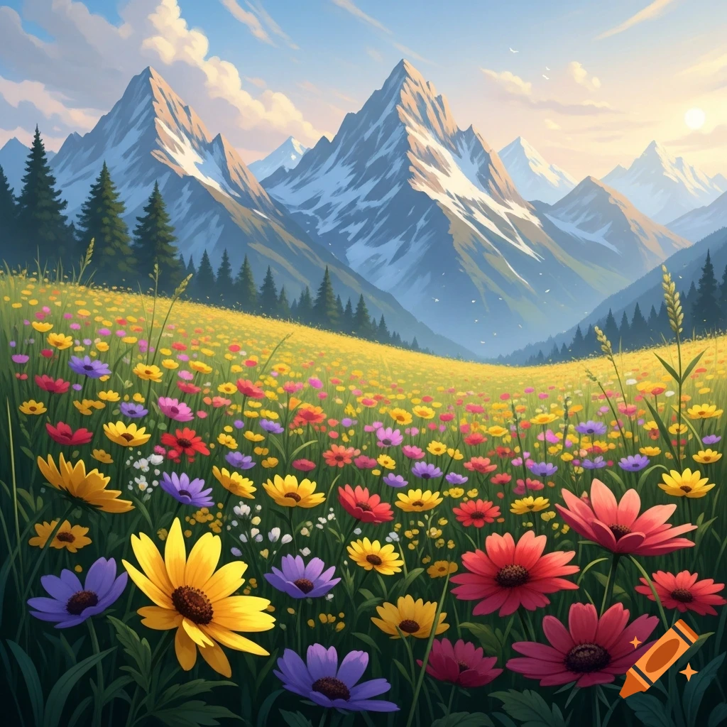 Vibrant, colorful meadow flowers in the foreground with majestic snow ...