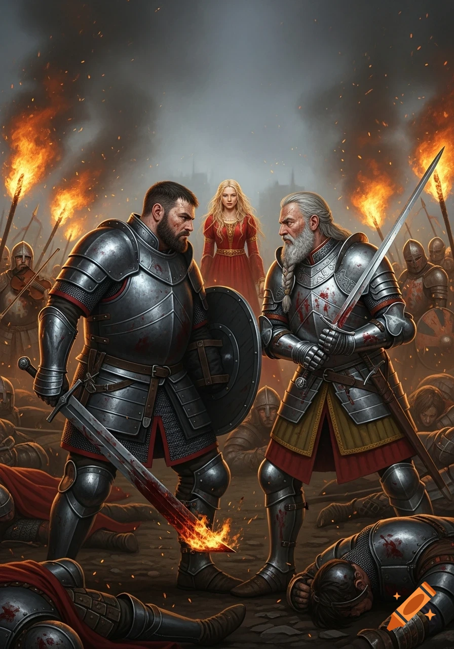 Two knights in armor, one with a bloodied sword, face off on a battlefield strewn with fallen soldiers and burning torches, a woman in red watches.