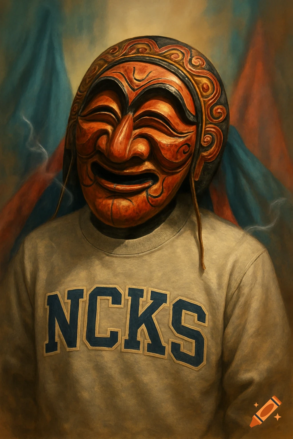 A painted portrait of a person wearing an orange Korean traditional dance mask and a beige sweatshirt with "NCKS" on it.