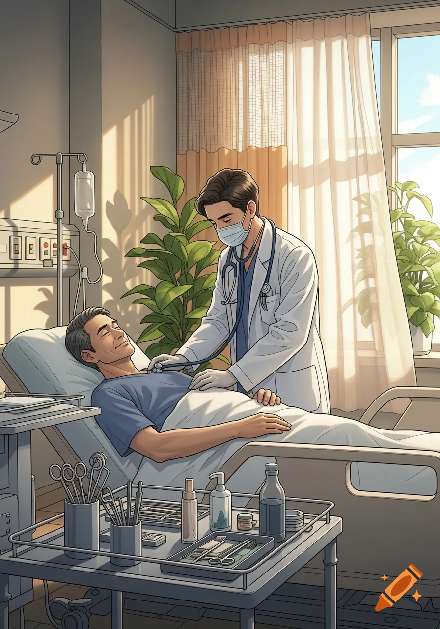 An illustrated doctor, wearing a mask and stethoscope, examines a smiling patient lying in a sunlit hospital bed.