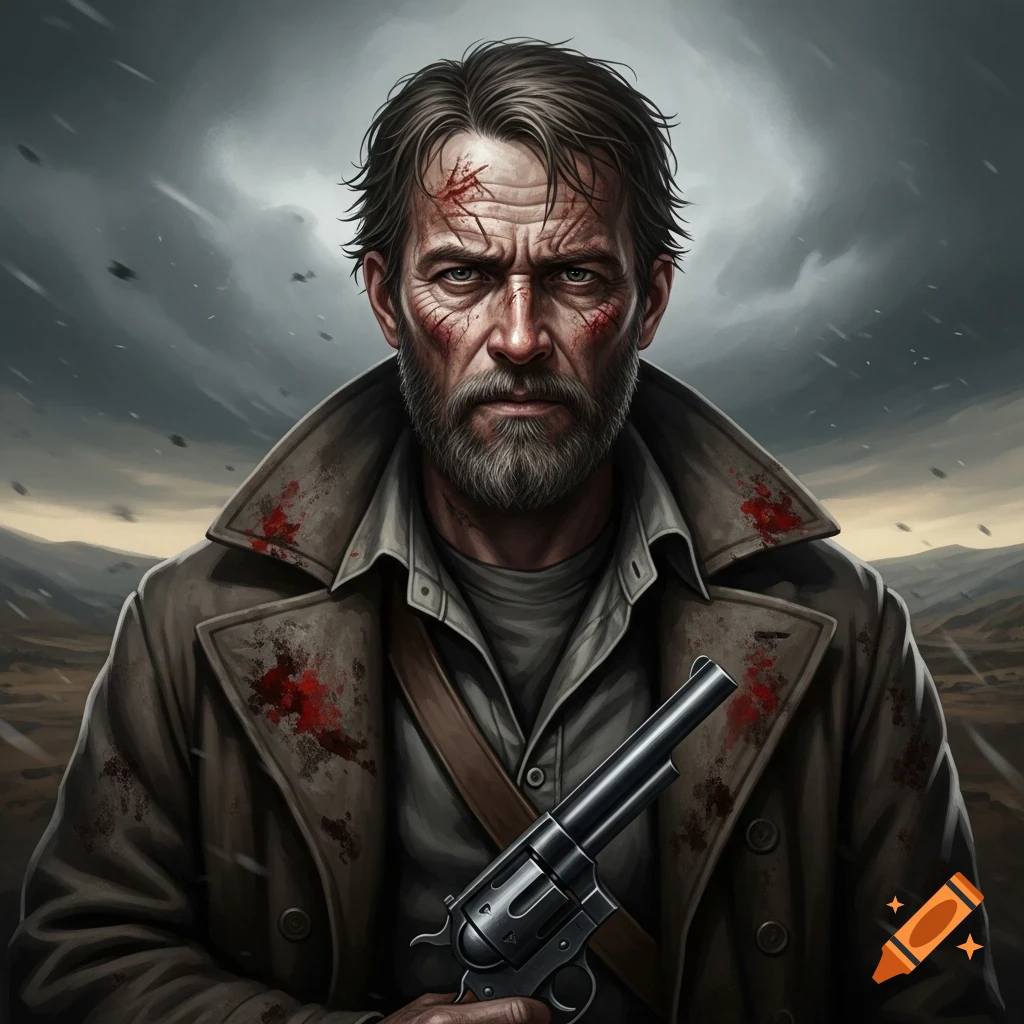 A grizzled man with a beard and blood-splattered coat holds a revolver under a stormy sky, in a digital art style.
