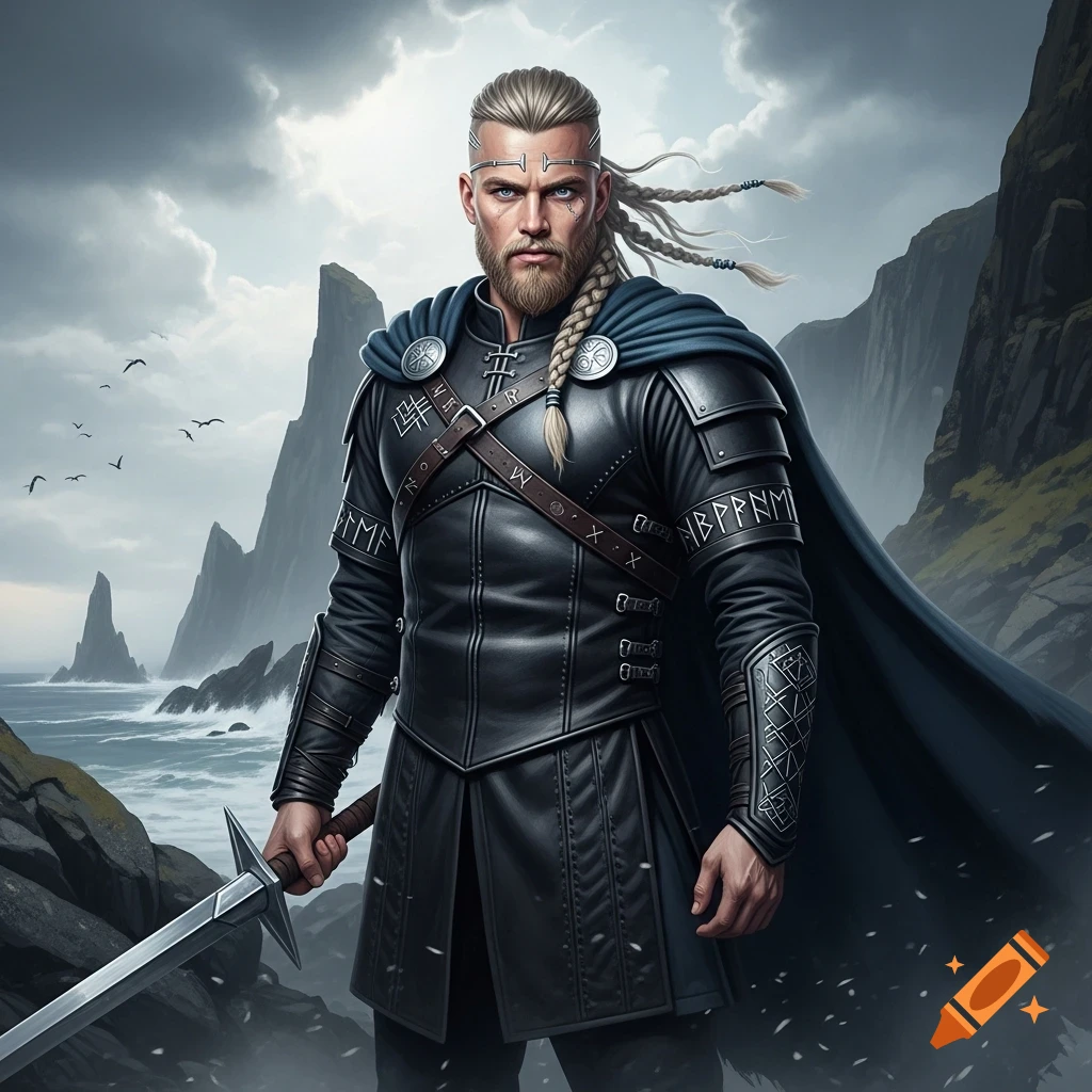 A modern Viking warrior with braided blonde hair and beard, wearing black leather armor and a blue cape, holding a sword. He stands on a rocky coast with dramatic cliffs and a stormy sky.