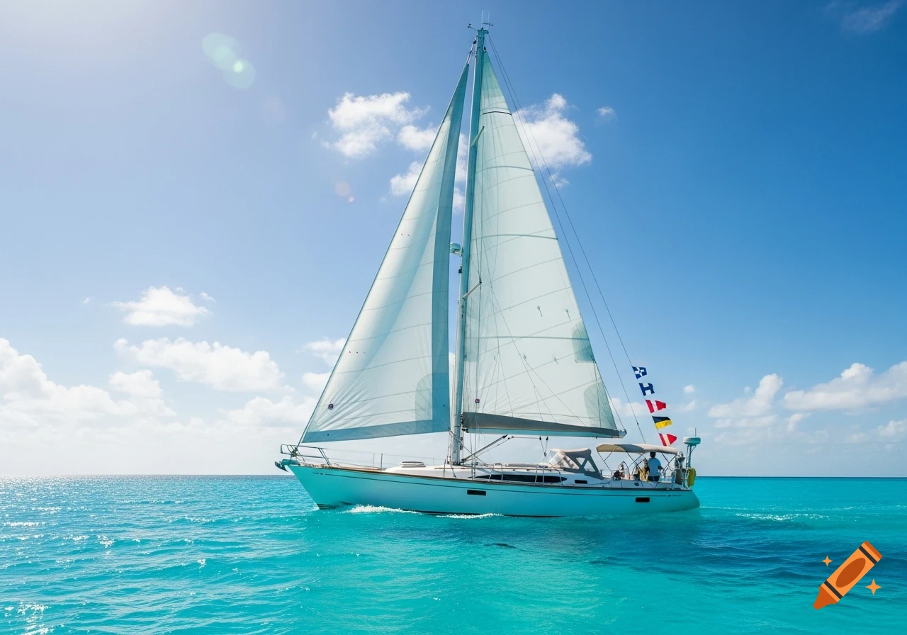 A white sailboat with full sails cruises across vibrant turquoise ocean waters under a clear blue sky with sparse clouds, photorealistic.