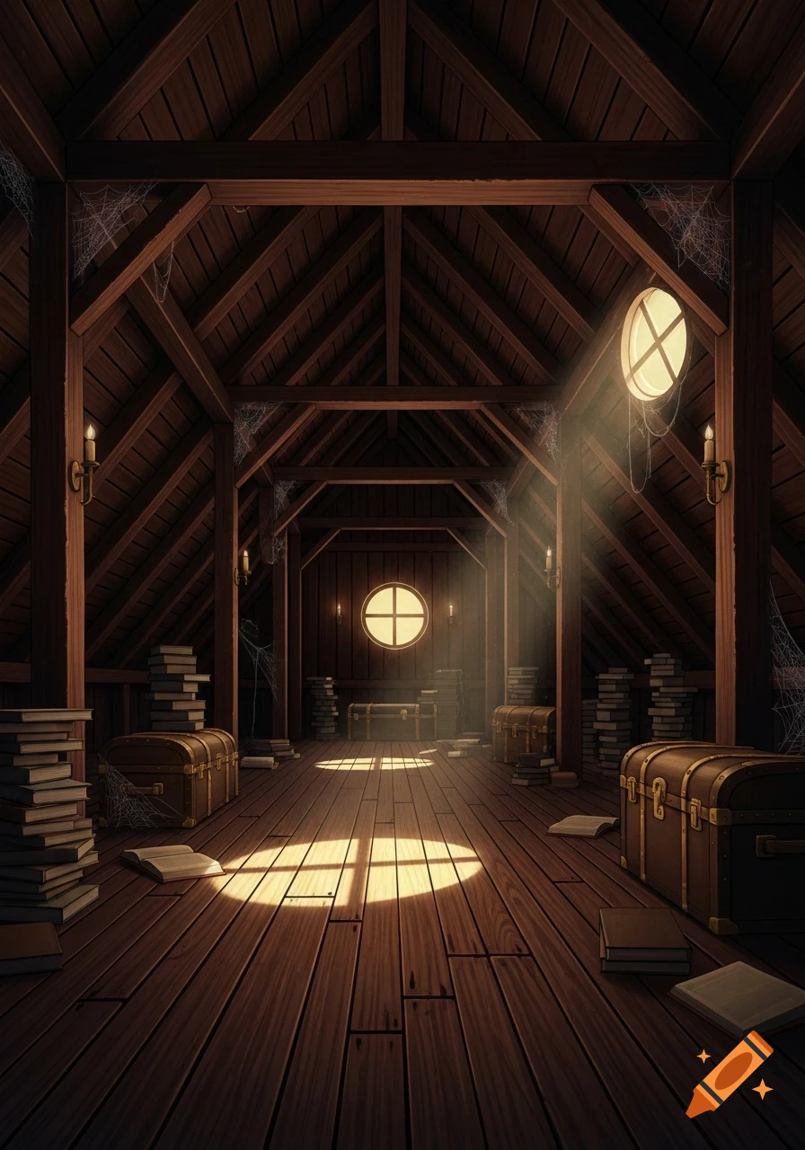 A dusty, long wooden attic with stacks of books, old trunks, and shafts of light illuminating cobwebbed beams.